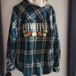 Primitive Blue Plaid Shirt with Floral Design